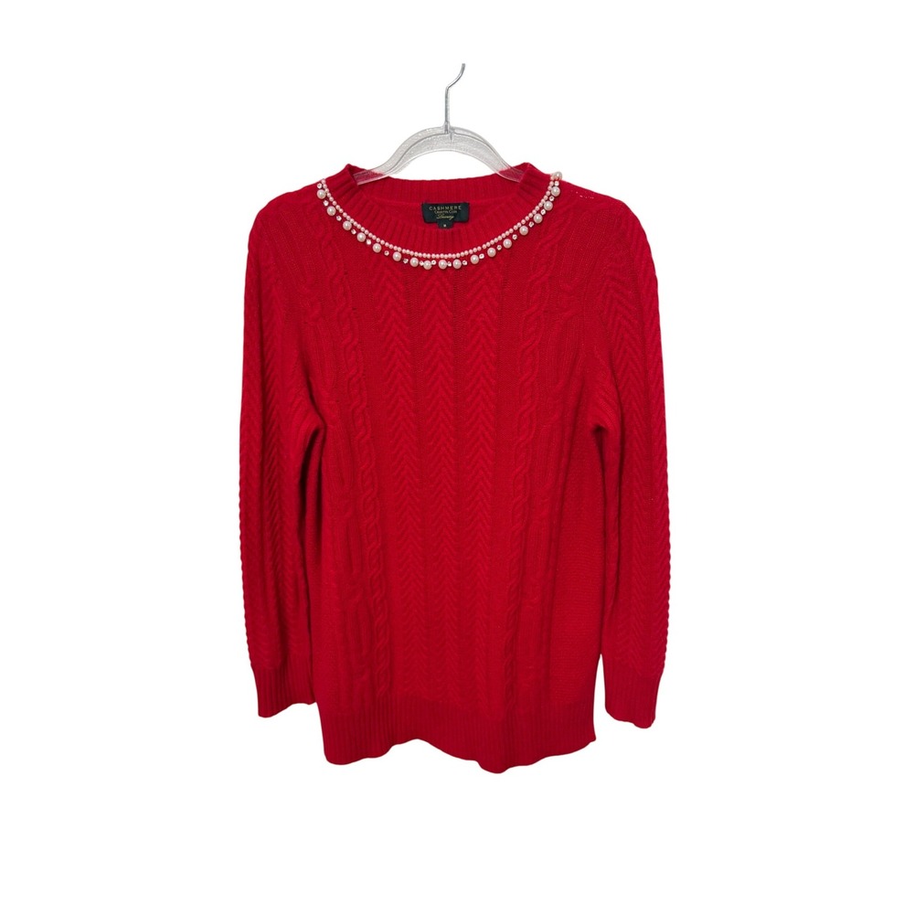 Charter Club Sweater Womens M Red 100% Cashmere Pearl Neck Cable Knit Luxury